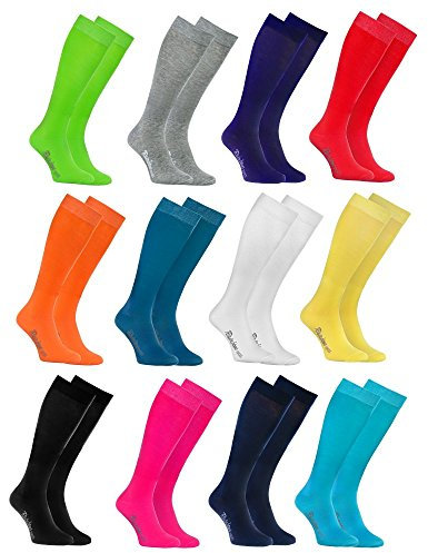 Rainbow Socks - Donna Uomo Colorate Calzini Lunghi Al Ginocchio di Cotone - 12 Paia - Bianco Grigio Negro Turquesa Blu Verde Rojo Amarillo Naranja Rosa Blu Marino - Tamaño 39-41