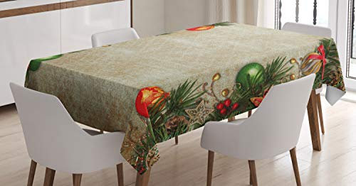 ABAKUHAUS Weihnachten Tischdecke, Retro Rahmen Old Days, Schmutzabweisend Pflegeleicht Waschbar Druck Mit Klaren Farben ohne Verblassen, 140 x 200 cm, Beige Grün