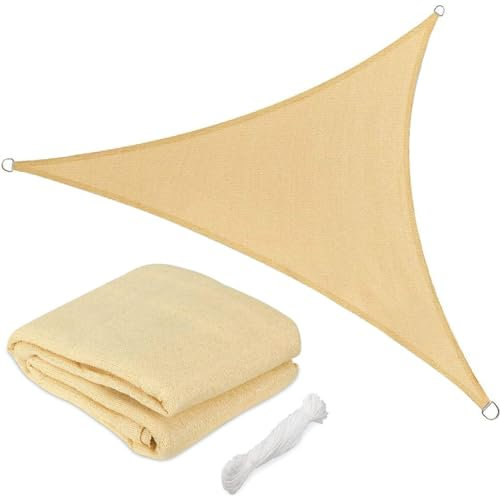 BAKAJI Vela Telo Parasole Tenda Triangolare Ombreggiante in HDPE Resistente Protezione UV 90% per Ombra Giardino Terrazzo con Aggancio Occhielli Beige (3,6 x 3,6 x 3,6 mt)