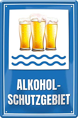 Blechschilder Lustiger Alkohol Trink Spruch “Alkohol-Schutzgebiet“ Bier Deko Schild Metallschild Küche Tür Bar Theke Pub Geschenkidee Geschenk zum Geburtstag oder Weihnachten 20x30 cm