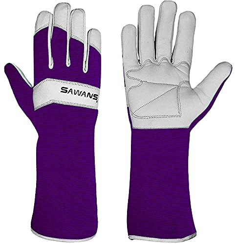 SAWANS Long Gardening Gloves Leather Ladies Men Women Durable Goatskin Garden Gloves Forearm Protection Thorn Proof Gardener Work Spandex Sleeves Rose Pruning Gift (Purple, M)