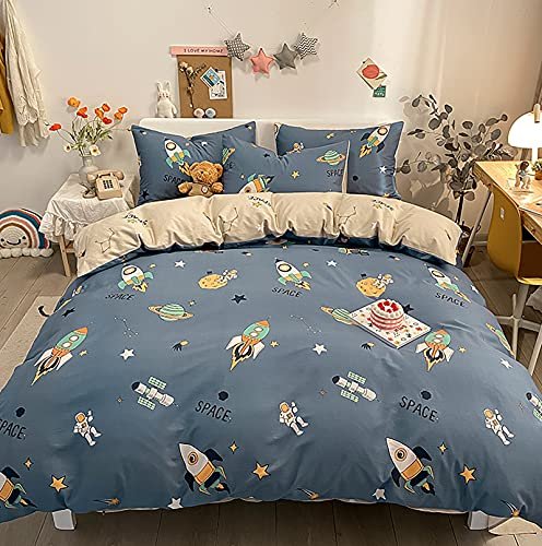 Yaofeiou Universum Bettwäsche 135x200 Kinder Bettwäsche Weltall Planeten Astronaut Rakete Bettwäsche Jungen Bettbezug Baumwolle Weiß Blau Wendebettwäsche Deckenbezug und Kissenbezug 80x80 Einzelbett