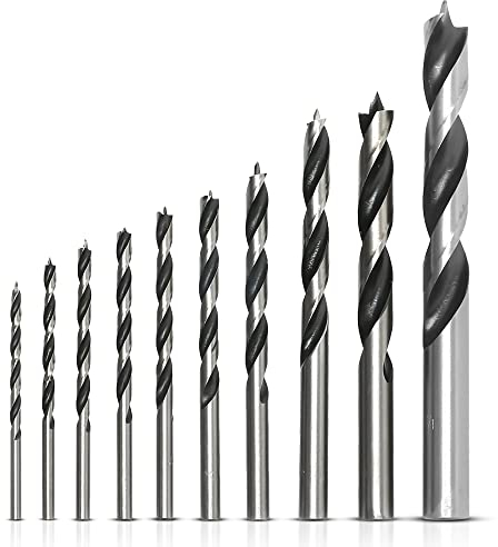 Baker and Bolt Brad Point Drill Bit Set for Wood - 2.5-5.9 Inch Long Stainless Steel Wood Drill Bits Set (Pack of 10 with Case).