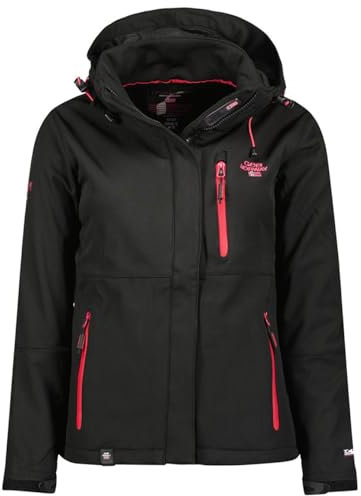 Geographical Norway Touna Lady - Veste Softshell Femme Impermeable - Jacket À Capuche Outdoor - Blouson Coupe Vent Resistant Hiver (Noir_rose_flash L Taille 3)