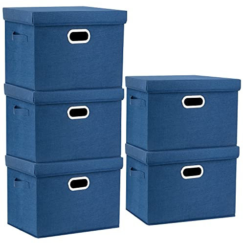 TYEERS Aufbewahrungsbox mit Deckel Groß, Stoff, Faltbare, Waschbare, Kisten Aufbewahrung mit Deckel, 44x30x29 cm, 5-Stück, Klassisch Blau