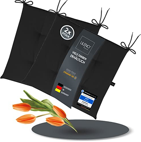 LILENO HOME 2er Set Stuhlkissen Schwarz (40x40x4,5 cm) - Sitzkissen für Gartenstuhl, Küche oder Esszimmerstuhl - UV-beständige Indoor u. Outdoor Stuhlauflage als Stuhl Kissen (Laura FUM)
