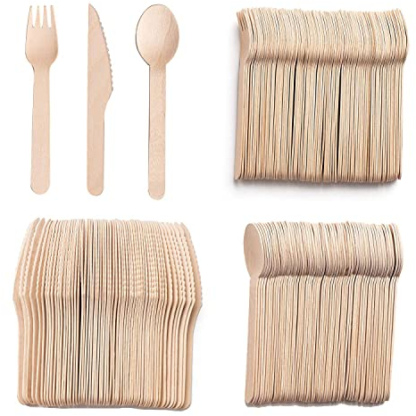 Couvert Jetable Biodégradable en Bois - 300 Pièces - Fourchette, Cuillère, Couteau - Pour Fêtes, Mariages, Pique-Niques