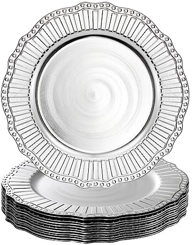Dicunoy 12 Pack Silver Dinner Charger Plates, 13 Round, Beaded Rim, Plastic, Reusable, Elegant Formal, Wedding, Party, Christmas