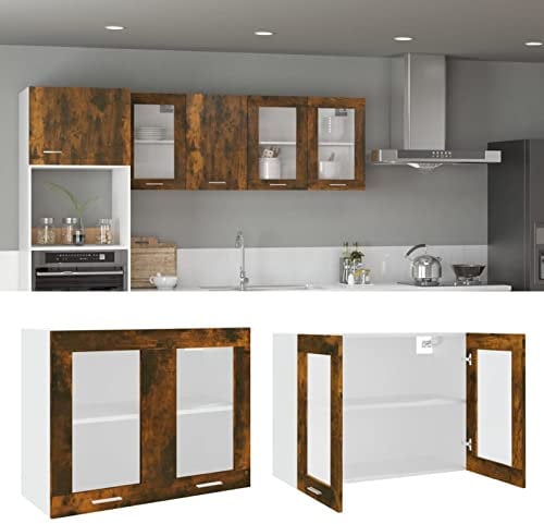 Festnight Meuble Haut de Cuisine vitrée,Armoire en Verre Suspendue,Casiers de Rangement de Cuisine,Placard Armoire de Rangement, Meuble Mural avec Portes-Chêne fumé Verre 80 cm
