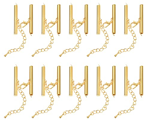 sourcing map 10Sets Slide on End Clasps with Lobster Claw Clasps & Extension Chain, 35mm Tube Slider Crimp Cord Ends for DIY Craft Making, Gold Tone