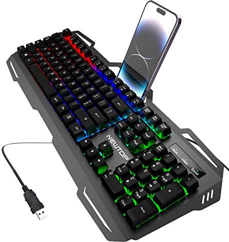 N NEWTOP Tastiera GTP03 Retroilluminata Nera Cablata Led RGB Gaming USB Keyboard Layout Italiano Qwerty 104 Tasti da Gioco Cornice Metallo Stand Smartphone per PC Desktop Computer Notebook