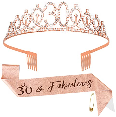 Fowecelt 30. Geburtstag Schärpe Tiara - Roségold Geburtstag Königin Tiara und Schärpe für Frauen, Strass Kronen Kit für 30 Geburtstag Geschenke, Kristall Tiara Satin Schärpe für 30 Geburtstag Party