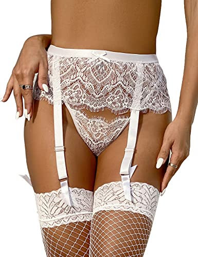 lau-fashion Strumpfhalter Fransen Unterwäsche Strapsgürtel Dessous Hüfthalter Strapse S/XL Farbe weiß, Größe L/XL