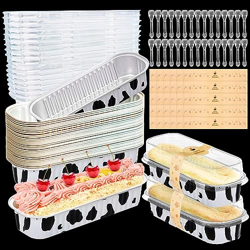 Furuising 120Pcs/30Set Mini Loaf Pans with Lids and Spoon, 200ml Aluminum Loaf Cake Cases, Reusable Foil Mini Loaf Tin, Baking Pans with 30 Stickers for Cake Bread Baking (Cow Print)