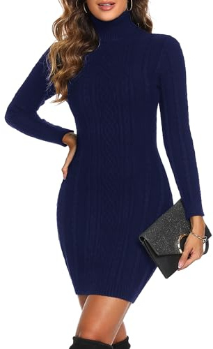 Aottori Winter Jumper Dress for Women UK Turtleneck Knitted Sweater Dresses | Cable Knit, Solid Colour, Fitted, Bodycon Fit, Slim Fit, Midi Length, Pullover, Autumn Casual Wear
