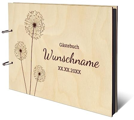 Personalisiertes Fotoalbum Taufe Konfirmation Kommunion echtes Holz DIN A4 Kondolenzbuch mit Lasergravur - Pusteblume - mit 25 Blatt / 50 Seiten Fotokarton Schwarz