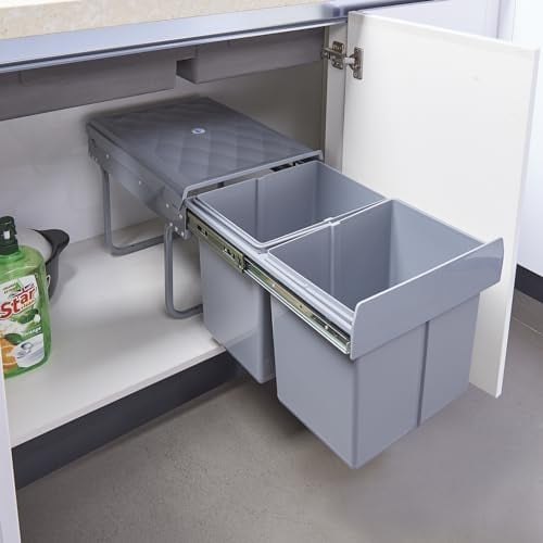 [en.casa] Einbaumülleimer Froland Mülleimer 2 Fächer Mülltrennsystem ausziehbar Abfalleimer Küche 2x15L herausnehmbare Behälter 48 x 34 x 35 cm Küchenmülleimer Grau