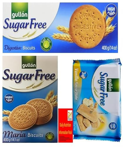 Gullon Sugar Free Cookie Biscuits Selection 3 Boxes Vanilla Wafers, Digestives, Maria, Diabetic Multipack Friendly Gift box for friend & Family on christmas, mothers & father day. (2 Bundle)