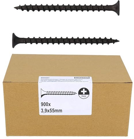 HELPMATE Vis placo à fixation rapide 3,9 × 55 mm Phosphatée PH2 900 pièces à filetage grossier Bois, Vis a placo pour cloisons sèches, Tête en trompette, Profilés en U
