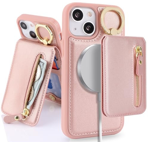 SailorTech iPhone 13 Mini Phone Leather Case with Credit Card Holder Magsafe, iPhone 13 Mini Case Ring Stand with Kickstand Card Slots Wallet Detachable 2-in-1 Zipper Case - Pink