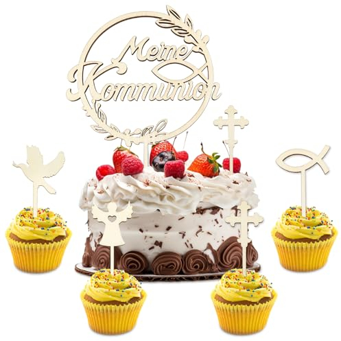 5 Stück Cake Topper Kommunion Meine Kommunion Cake Topper Taufe Holz Tortendeko Kommunion Fisch Konfirmation Tortendeko Erstkommunion Deko Junge Mädchen
