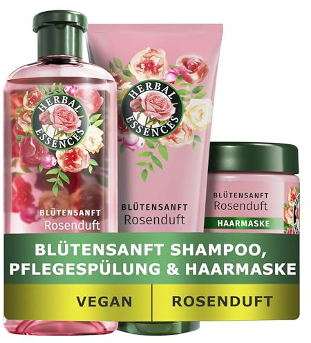 Herbal Essences Repair Blütensanft Set mit Shampoo (350 ml), Haarmaske (300 ml) und Spülung (250 ml) mit Rosenduft, Intensive Pflege Damen für trockenes Haar, Vegan