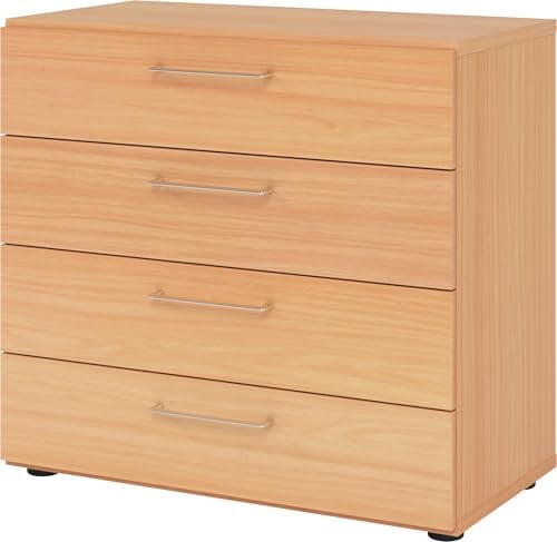bümö smart Schubladenschrank, Büroschrank 80cm breit in Buche mit 4 Schüben - Bürocontainer aus Holz, Container mit Metallgriffen & Soft-Stop Schubladen