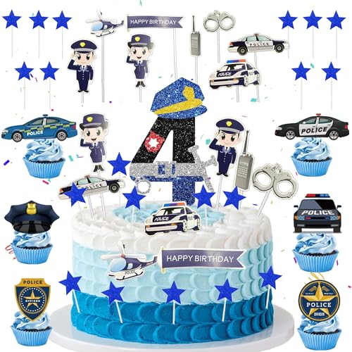4. Polizei Geburtstag Deko Tortendeko - 42 Stück Polizeiauto Cupcake Topper, Happy Birthday Kuchendeko, Auto Cake Topper, Polizei Deko Kindergeburtstag 4 Jahre Alt, Geburtstagsparty für Jungen