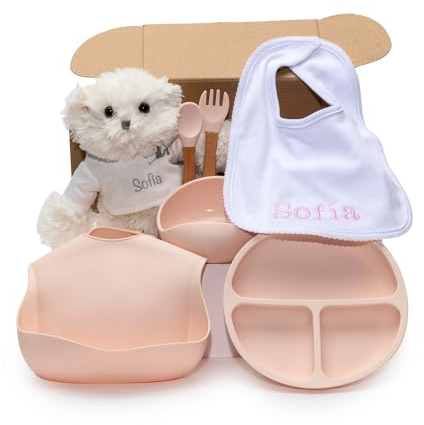 BebeDeParis | Regalo Ecológico Personalizado para Bebé, Set de Regalos para Niño/Niña, Vajilla de Silicona + Accesorios Personalizados (Rosa, Vajilla + Babero + Oso)