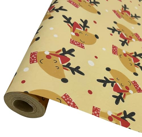 Große Geschenkpapierrolle, 76 cm x 15 m, recycelbares Weihnachtsgeschenkpapier aus Kraftpapier mit Elch und Punkt für Weihnachts-, Geburtstags- und Festgeschenkdekorationen.