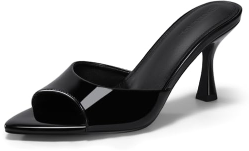 Coutgo Womens Heeled Mules Pointed Peep Toe High Heels Slip On Backless Mule Sandals Dress Shoes, Black, Size 7.5