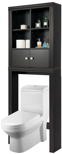 COSTWAY Meuble WC au-Dessus de Toilettes en Bois, Meuble de Salle de Bain avec 4 Compartiments et Placard à Porte, Étagère Réglable, Dispositif Anti-basculement Inclus, 60 x 20 x 165 cm (Marron)