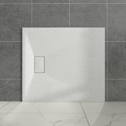 Aquariss White Rectangular Shower Tray Slate Effect SMC Slip-Resistant Shower Base for Bathroom Enclosures 1100x900mm with Waste