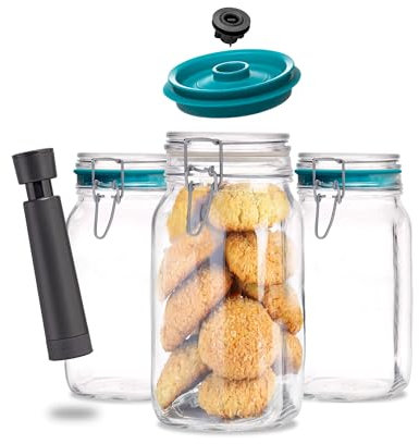 Airtender - Set aus 3 x 1500 ml Einmachgläser - 3 Vakuumdeckel & 1 Vakuumpumpe - Lebensmittel 5x länger frisch halten, spülmaschinenfest & wiederverwendbar