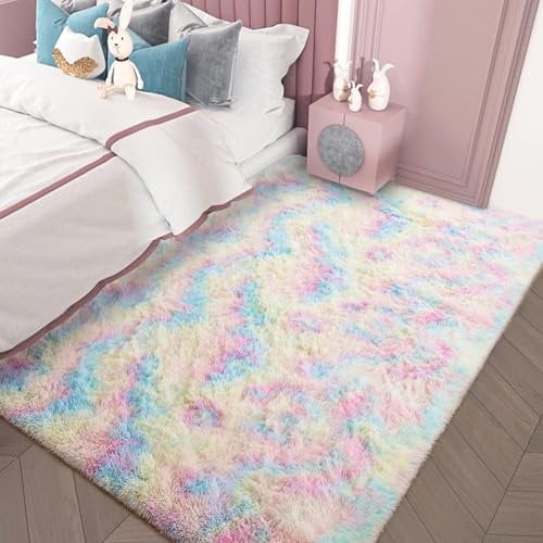 Teppich Wohnzimmer Waschbar 120 x 240 cm Anti-Rutsch Unterseite, Soft Flauschig Teppich, Hochflor Teppich Langflor Teppich Modernes Einfarbiges Design für Schlafzimmer Kinderzimmer, Mehrfarbig