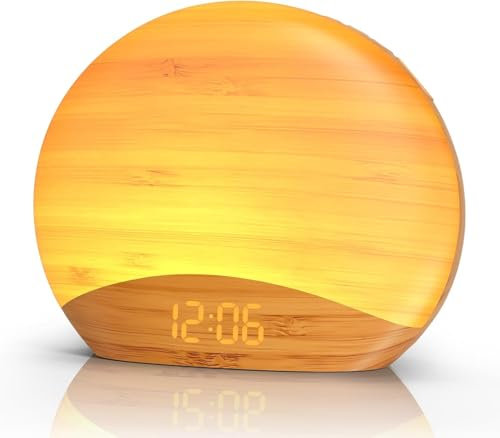 REACHER Sunrise Alarm Clock Wake Up Light, Sound Machine with 26 Nature Inspired Sleeping Sounds, 0-100% Dimmable Clock, Night Light, Natural Wood Bedroom Lamp for Babys, Kids, Adults