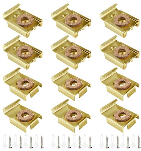 VooGenzek 3 Set (12 Pezzi) Clip Specchio Set, Clip Specchio a Molla Gancio Specchio, Fissaggio a Parete in Vetro a Specchio Senza Cornice, con Tasselli e Viti, per il Montaggio di Specchi, Oro