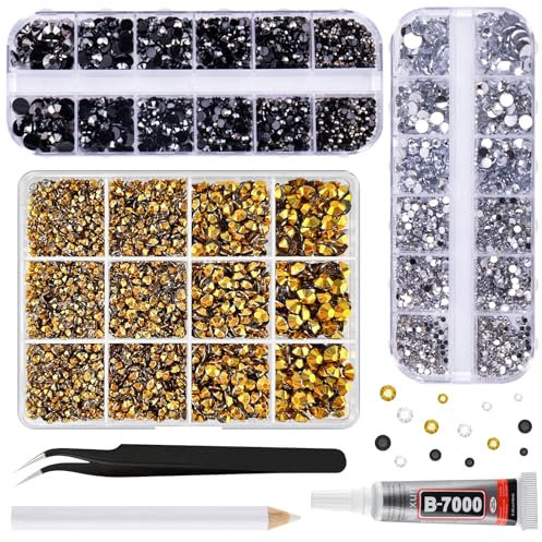 ASTARON Black Gold Resin Rhinestones for Crafting, 2mm-6mm Mixed Flatback Resin Gemstones for Crafts Gems Bulk Jelly AB Bedazzling Diamonds with Glue for Nails, Tumblers, Mugs Decoration