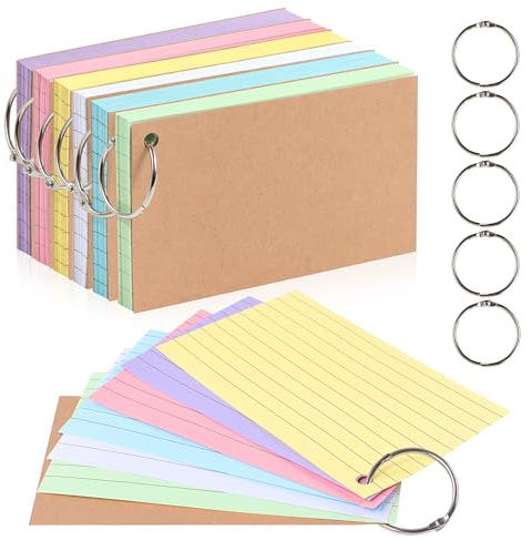 300 Blatt Karteikarten, Karteikarten A7 Liniert mit Kraftpapier, Karteikarten Bunt mit 6 Metallbinderingen, Lernkarten für Büro, Schule, Heimstudium Aufzeichnungen