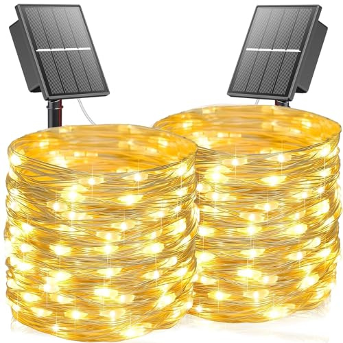 DOLUCKY Luci Solari Esterno, 2 x 22m Totale 400 LED Catena Luminosa Esterno Solare, 8 Modalità Bianco caldo Natale Filo di Rame Lucine Esterno Impermeabile per Natale Decor