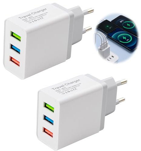 2 Pièces Chargeur USB 3 Ports, 12W 3A 110V-220V Adaptateur Secteur, Universel Embout Chargeurs Rapide QC2.0, Prise Secteur Multiple pour iphone Samsung Huawei Xiaomi Galaxy