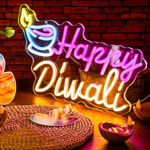 Glooglitter Diwali Oil Lamp Neon Sign LED Light Wall Decor, Happy Diwali | Multicolor LED Tubes, Traditional Diya Motif, Backdrop for Bedroom Parties, Indian Festival Hanging, Wall Room Home Decor