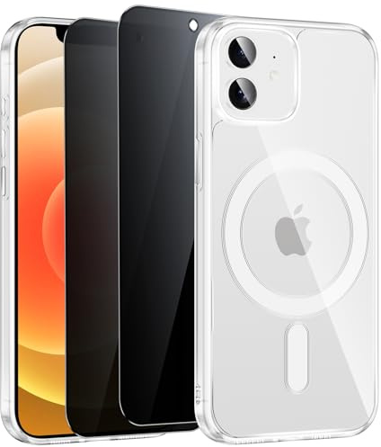 Niokfrci Magnétique Coque pour iPhone 12 avec 2 Verre Trempé Anti-Espion Protection Écran, Compatible avec MagSafe, Transparent Etui Antichoc Silicone TPU Anti-Rayures Housse pour iPhone 12