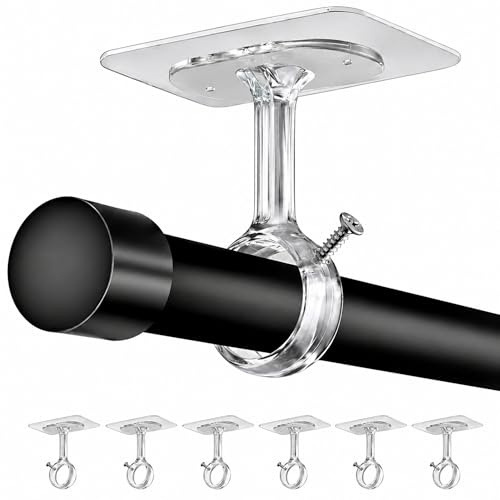 BYSHEGET 6 Supporti per Bastone Tenda Senza Forare per Soffitto e Parete | Adesivi e Avvitabili, per Bastoni Ø20–32 mm, ideali per Bagno, Finestra, Armadio e Cucina(Trasparente)