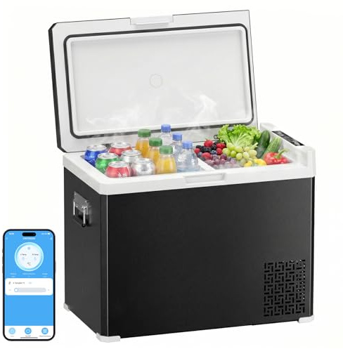 KROAK 50L Kompressor-Kühlbox mit App-Steuerung, Dual-Zone (-20°C bis +20°C), 12/24/230V – mit Trennwand – mobiler Camping-Kühlschrank für Auto, LKW, Boot