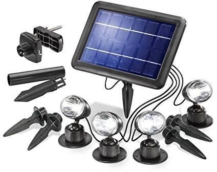 Esotec LED Solarspot Quattro Power, 4er Set, Solarstrahler, Bodenstrahler, Solarleuchte, Gartenzubehör, Akku, Klemmhalterung, Wandhalterung, Erdspieß, kaltweiß, IP44, wetterfest, außen, 102142