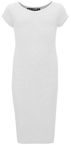 A2Z 4 Kids Girls Dresses Plain Short Sleeves Cap Slim Fit Stretch Bodycon Midi Maxi Comfortable Summer Party Fashion Dress Top Age 5-13 Years White