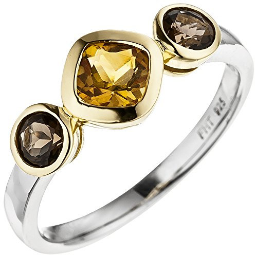 Schmuck Krone Ring gelber Citrin zwischen Rauchquarzen 925 Silber Gelbgold vergoldet bicolor, Ringgröße:Innenumfang 60mm ~ Ø19.1mm