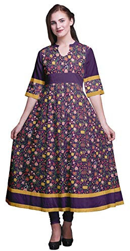 Bimba Viola Foglie e Pervinca Floreale Stampa Anarkali Svasata Kurti Classica Camicetta Vestito Etnico per Donna Large