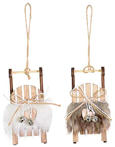 Riffelmacher 74155 - Anhänger Schlitten aus Holz, 1 Stück, Größe 11,5 x 5 cm, mit Fell und Herz, 2 Farben sortiert: Weiß / Braun, keine Farbwahl möglich, Baumschmuck, Weihnachten, Advent, Winter